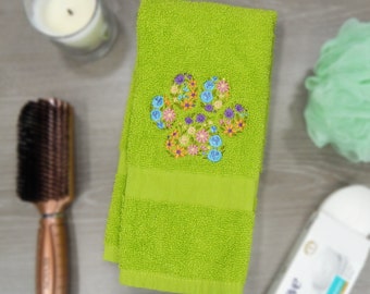 Flower Paw Print Embroidered Hand Towel - Home Decoration - Gift Idea Under 20 - Spring Bathroom Towel - Dish Cloth - Cat Dog Rabit Lovers