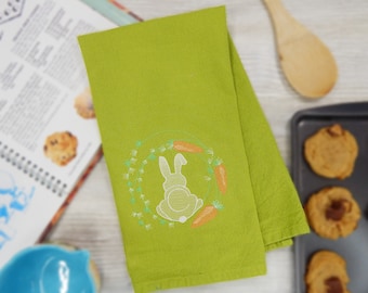 Springtime Bunny Writh Embroidered Tea Towel - Easter Kitchen Decor - Holiday Dish - Gift under 20 - Cute Rabit