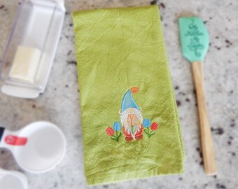 Garden Gnome Tulips Embroidered Tea Towel - Gift Idea Under 20 - Holiday Dish Towel - Dish Cloth - Flower green hand towel - Whimsical Art