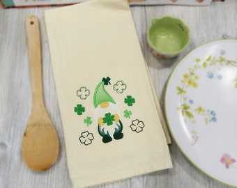 Gnome Holding Clovers Embroidered Tea Towel - Falling Shamrock Luck - St. Patrick's Day Gift for the Cook - Embroidery - Kitchen Home Decor