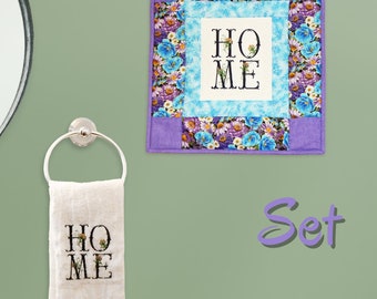 Home Decor Embroidery Set - Wall hanging Hand Towel - Purple Blue Flower - Bathroom Wall Decor - Spring Letters