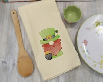 Leprechaun Gnome Embroidered Tea Towel - St. Patrick's Day Clovers - Gift for the Cook - Kitchen Home Decoration - Pot Of Gold - Shamrock