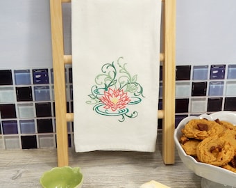 Lotus Flower Embroidered Tea Towel - Pink Green Yellow - Housewarming Gift Idea For the Cook - Mothers Day - Kitchen Towel - Lily Pad Vines