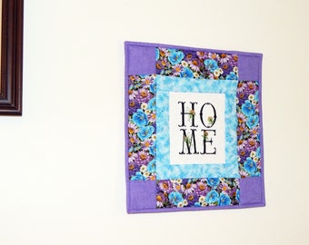 Home Embroidered Wall Hanging - Wall Art Decor - Decor Sign - Purple Blue White Flowers - Entryway Front Door Apartment - Handmade Tapestry