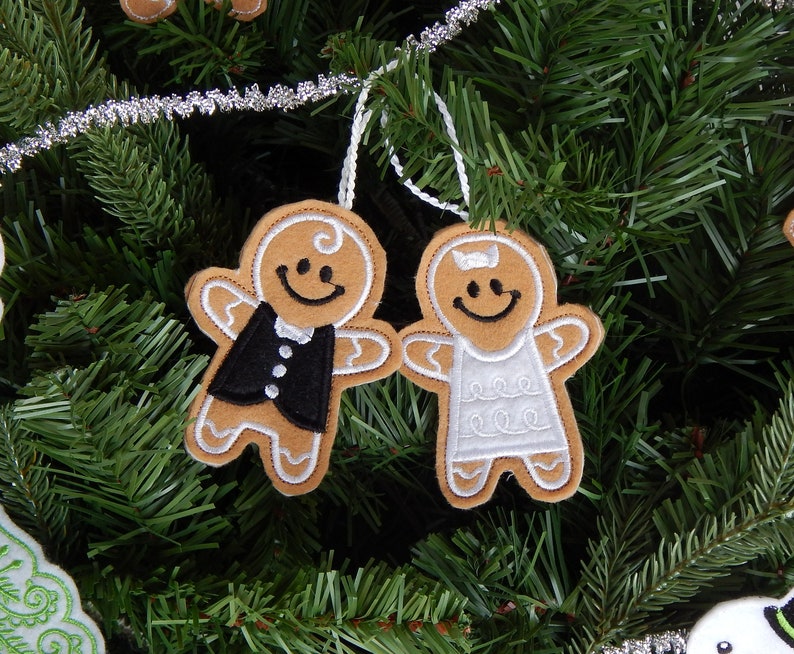 Bride and Groom Felt Gingerbread Boy and Girl Embroidered Christmas
