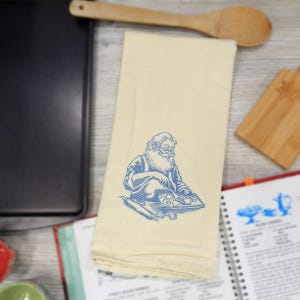 Christmas Baking Enthusiasts - Santa Backing Gingerbread Cookies Embroidered Tea Towel - Festive Kitchen Decor - Timeless Treats Collection