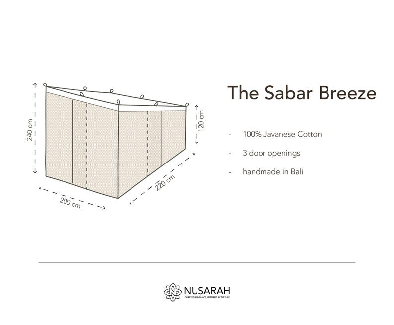 May include: A beige, rectangular outdoor canopy, labeled "The Sabar Breeze," with dimensions of 200 cm x 220 cm x 240 cm. The canopy is made of 100% Javanese cotton and has three door openings. The product is handmade in Bali.