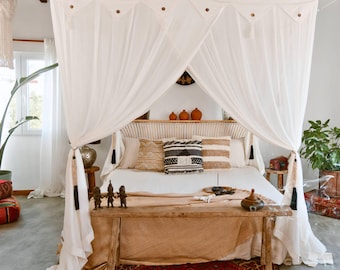 Mosquitera rectangular de algodón para 2 personas – Jaya Quadra con 4 aberturas, mosquitera de algodón hecha a mano