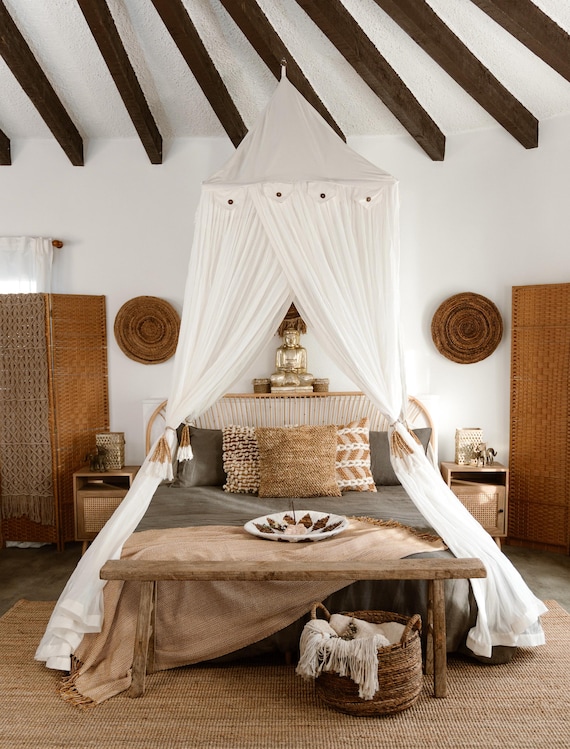 Luxe katoenen klamboe in Marrokaanse stijl – luxe klamboe uit Bali voor 2-persoonsbed, handgemaakt van 100% katoen met 4 deuropeningen