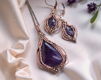 Wire wrapped jewelry set (pendant, earrings) - amethyst, copper wire