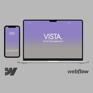 May include: A laptop and smartphone display the "VISTA. Artist Management" website interface. The screens feature a purple and gray gradient background with the company name in white. The Webflow logo is visible.