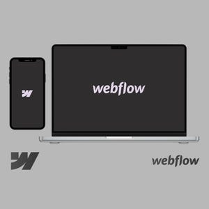 May include: A smartphone and laptop with the word "webflow" displayed on the screens. The smartphone and laptop are black with a white "W" logo on the phone and the word "webflow" on the laptop screen. The background is gray.
