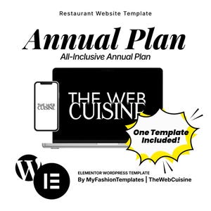 Può includere: Una visualizzazione di prodotto digitale per un modello di sito web per ristoranti intitolato Annual Plan e All-Inclusive Annual Plan. Include un portatile e uno smartphone con il logo The Web Cuisine, una stella gialla e del testo.