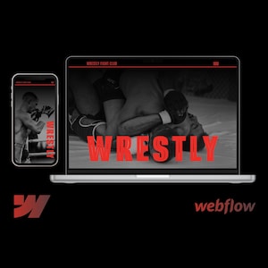 May include: A laptop and smartphone display a website for "Wrestly Fight Club." The laptop screen shows a wrestling match in grayscale, with the word "WRESTLY" in red. The smartphone shows a boxer. The Webflow logo is visible.
