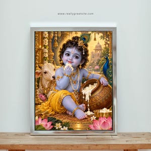 Baby Krishna Digital Konst, Påfågel, Kalv, Smörkruka, Lotus (Digital Nedladdning)