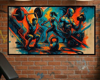 Fitness wall art 16:9 | modern oil style gym decor digital download