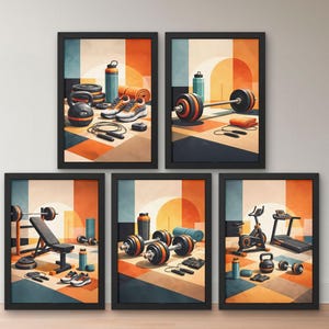 Peut inclure: Cinq impressions encadrées représentant des équipements de gym. Chaque impression présente un agencement différent d'articles tels que des haltères, des barres, des kettlebells, des vélos d'exercice, des tapis roulants et des cordes à sauter. La palette de couleurs comprend l'orange, le bleu et le noir.