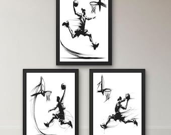 Basketball wall art set of 3 | black and white minimal sports decor jpg