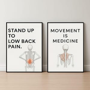 May include: Two framed prints with black borders. The left print reads "STAND UP TO LOW BACK PAIN" above a skeletal illustration with highlighted lower back. The right print reads "MOVEMENT IS MEDICINE" with a skeletal illustration.
