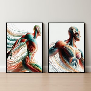 Könnte beinhalten: Zwei gerahmte Kunstdrucke mit detaillierten anatomischen Illustrationen der menschlichen Form. Das Kunstwerk zeigt eine lebendige Farbpalette aus Rot, Orange, Türkis und Grün, mit fließenden Linien, die Bewegung suggerieren. Die Rahmen sind schwarz.