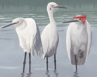 Egret Thugs. Art print of an original surreal oil painting.