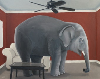The Elephant in the Room. Print of a surreal oil painting