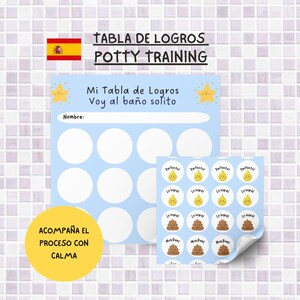 Puede incluir: Una tabla de logros para el control de esfínteres de color azul claro con el texto Mi Tabla de Logros Voy al baño solito, una línea para el nombre, círculos en blanco y una hoja de pegatinas con gotas amarillas y personajes de caca.