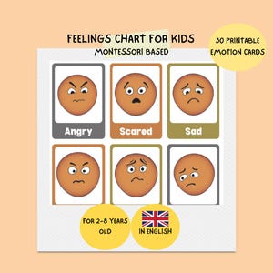 Puede incluir: Un gráfico de emociones para niños, basado en Montessori, con tarjetas de emociones 'Enojado', 'Asustado' y 'Triste'. El gráfico incluye el texto '30 tarjetas de emociones imprimibles' y 'Para 2-8 años'.
