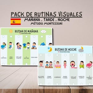Op de afbeelding: Een visueel routinepakket met twee rechthoekige kaarten met de tekst PACK DE RUTINAS VISUALES, MAÑANA, TARDE, NOCHE, MÉTODO MONTESSORI, RUTINA DE MAÑANA en RUTINA DE NOCHE. De kaarten tonen kleurrijke cartoonpictogrammen voor dagelijkse taken.