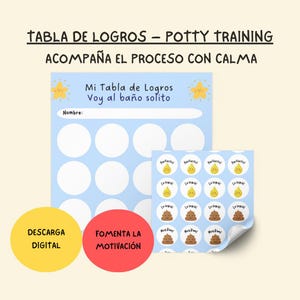 Puede incluir: Una tabla azul de entrenamiento para ir al baño con círculos blancos y el texto "Mi Tabla de Logros Voy al baño solito". Incluye pegatinas con emojis de caca y lágrimas sonrientes. Dos círculos dicen "Descarga Digital" y "Fomenta la Motivación".