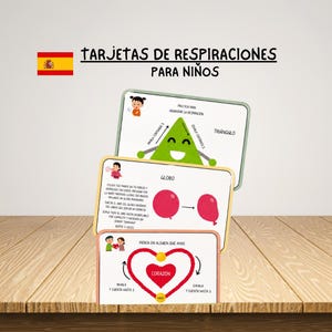 May include: Three rectangular educational cards titled TARJETAS DE RESPIRACIONES PARA NIÑOS. The cards feature illustrations of a green triangle, a red balloon, and a red heart with Spanish text instructions for breathing exercises for children.