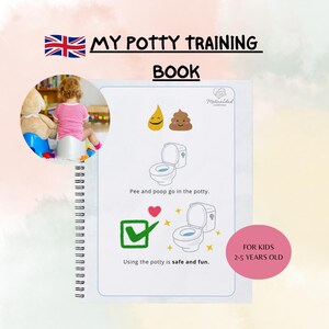 Puede incluir: Un libro de entrenamiento para ir al baño con espiral y una foto circular de un niño en un orinal. La página muestra ilustraciones de inodoros, una gota amarilla, un emoji de caca marrón, una marca de verificación verde y el texto: My Potty Training Book, Pee and poop go in the potty, Using the potty is safe and fun, For kids 2-5 years old.