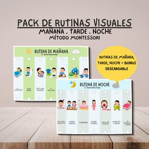 Puede incluir: Dos gráficos de rutinas visuales con el texto "PACK DE RUTINAS VISUALES" y "MAÑANA. TARDE. NOCHE MÉTODO MONTESSORI". Los gráficos son para rutinas de mañana y noche, con ilustraciones de actividades diarias. Una burbuja de diálogo amarilla dice "RUTINAS DE MAÑANA, TARDE, NOCHE + BONUS DESCARGABLE".