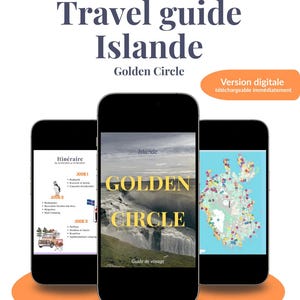 Peut inclure: Trois smartphones affichent un guide de voyage pour le Cercle d'Or en Islande. Le titre du guide est en bleu foncé. Le téléphone du milieu montre une image de cascade avec "GOLDEN CIRCLE" en jaune. Le guide est disponible numériquement.