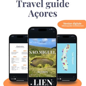 May include: A digital travel guide for the Azores, shown on three smartphones. The guide features the text "Travel guide Açores" and "Sao Miguel". The guide includes a map and itinerary.