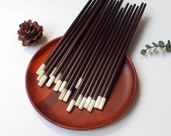 Handmade Ebony Wooden Chopsticks with White Mother of Pearl Inlay, Reusable Sushi Chopsticks, Elegant Asian Tableware and Gift Set
