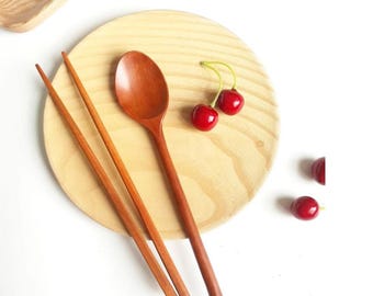 Wooden Spoon and Chopsticks Set, Handmade Natural Wood Utensils, Eco-Friendly Reusable Cutlery for Asian Dining, Sushi  Kitchen Gift