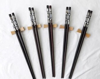 Ebony Chopsticks with Mother of Pearl Inlay, Handmade Wooden Reusable Chopsticks for Sushi, Elegant Kitchen Utensils Gift