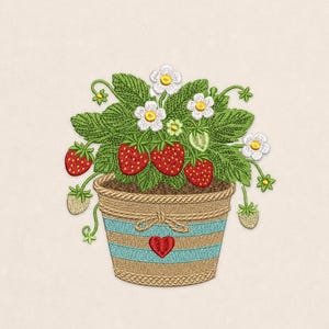 May include: Embroidered image of a strawberry plant in a woven pot. The pot has blue stripes and a red heart. The plant features green leaves, white flowers, and ripe red strawberries. The background is a light beige color.
