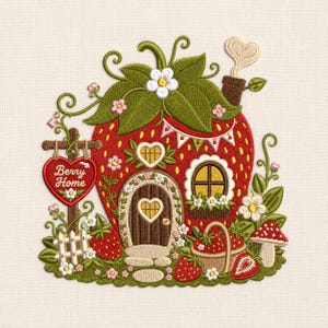 May include: A whimsical strawberry-shaped house with a brown door and heart-shaped windows. The house has a green leafy top with a white flower and a chimney with a heart-shaped wisp of smoke. A sign reads "Berry Home."