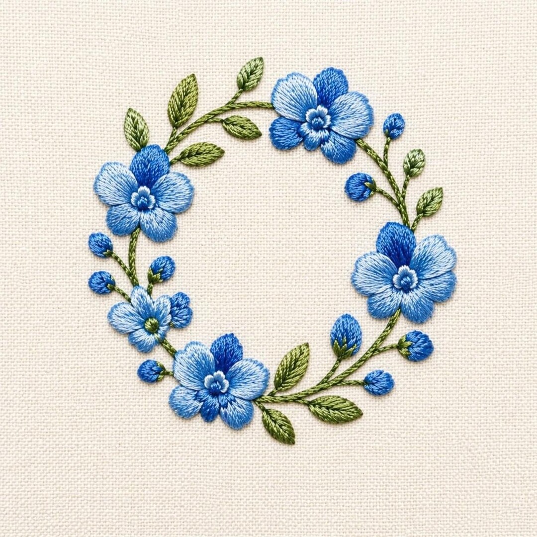 Blue Floral Wreath Embroidery Design, Botanical Frame Pattern (digital ...