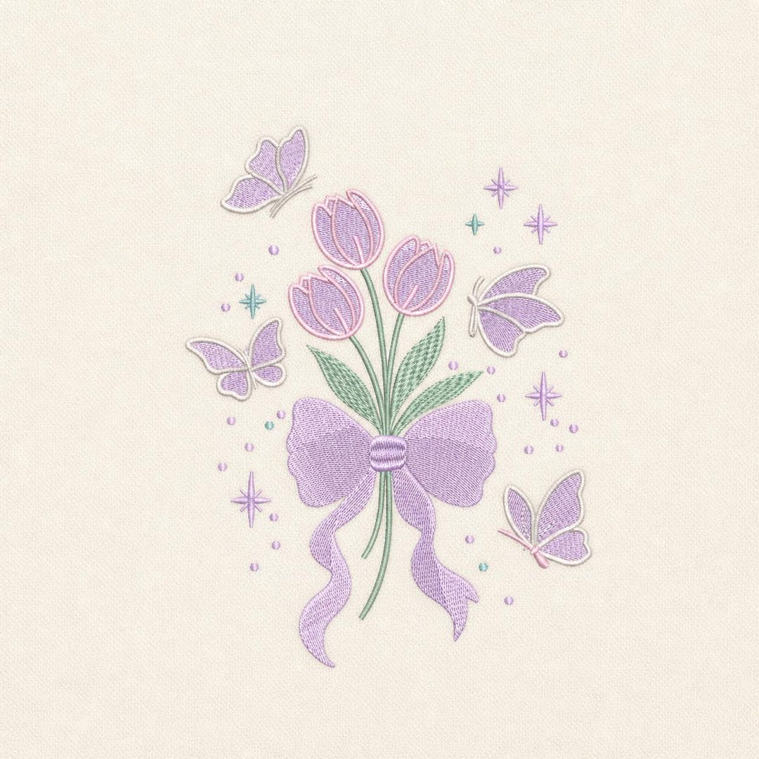 Tulip Embroidery Design With Bow and Butterflies, Floral Spring Bouquet ...