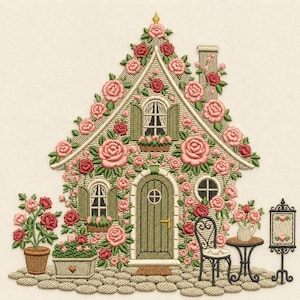 Puede incluir: Imagen bordada de una casita, con sus paredes y tejado adornados con rosas rosas y rojas. La casita tiene contraventanas verdes, una puerta y una chimenea. Una mesa pequeña, una silla, un letrero y plantas en macetas completan la escena.