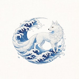 Wolf Wave Embroidery Design, Japanese Style Art, Nature Tattoo Style (Digital Download)