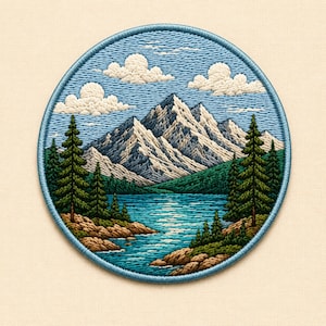 May include: A circular embroidered patch featuring a landscape scene with snow-capped mountains, a blue lake, and green pine trees. The sky is light blue with white clouds, and the entire design is bordered by a light blue stitched edge.