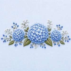 May include: A detailed embroidery design featuring three clusters of blue hydrangea flowers in varying shades of blue and white, accented with small white blossoms, blue buds, and green leaves, all stitched onto a light blue fabric background.