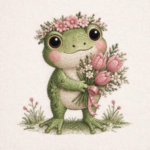Puede incluir: Imagen bordada de una rana verde con una corona floral, sosteniendo un ramo de tulipanes rosas y flores blancas atado con una cinta rosa. La rana tiene mejillas rosadas y ojos grandes. La obra de arte está sobre un fondo neutro.