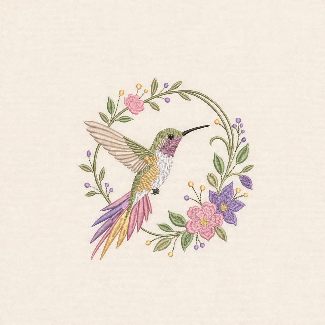 Hummingbird Embroidery Design in Floral Wreath, Bird With Flowers ...