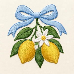 May include: Embroidered design featuring two yellow lemons, green leaves, a white flower with a yellow center, and a light blue bow. The design is on a cream-colored background, showcasing a detailed needlework style.