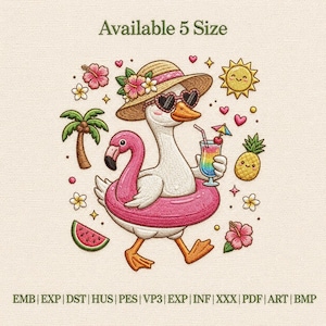 May include: A whimsical illustration of a goose wearing heart-shaped sunglasses and a straw hat adorned with flowers. The goose is in a pink flamingo floatie, holding a colorful drink. Other elements include a sun, palm tree, and watermelon.